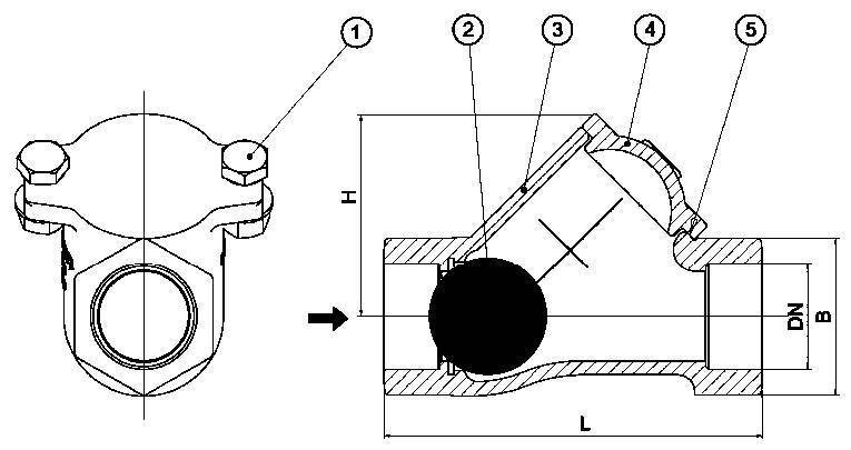 Обратный клапан шаровой, обратный клапан для канализации резьбовой (муфтовый)